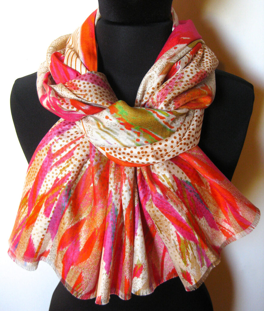 silketørklæde med abstrakt mønster, silketørklæde print, tørklæde, silke, farver