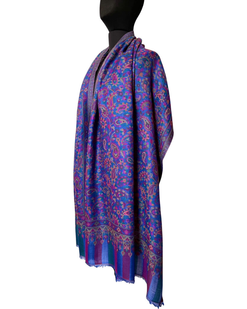 pashmina uld kani tørklæde blå med mønster