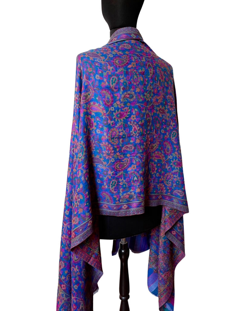 pashmina uld kani tørklæde blå med mønster